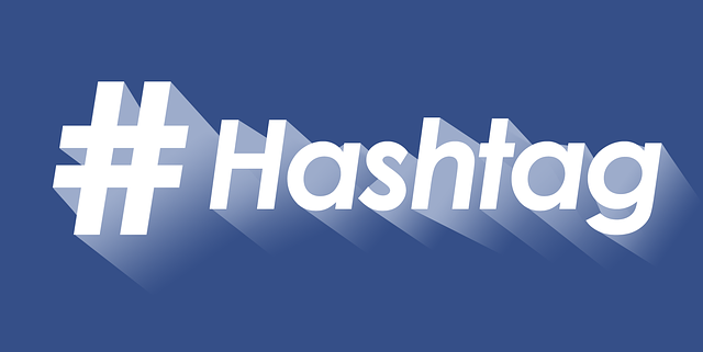 Picture of a hashtag next to the word hashtag against a blue background