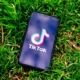 a mobile phone lying on green grass with the tiktok app open